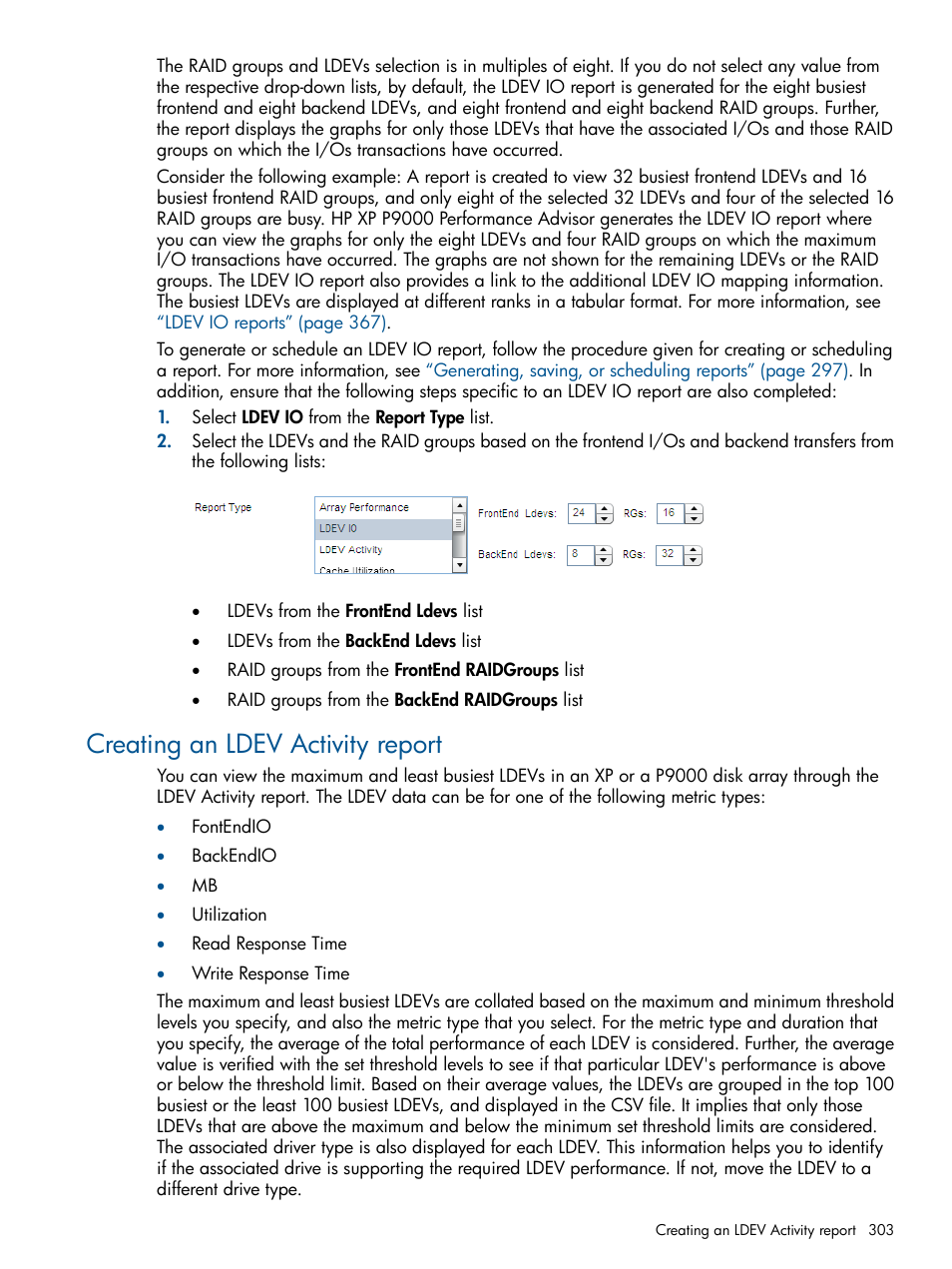 Creating an ldev activity report, Creating an | HP XP Performance Advisor Software User Manual | Page 303 / 417