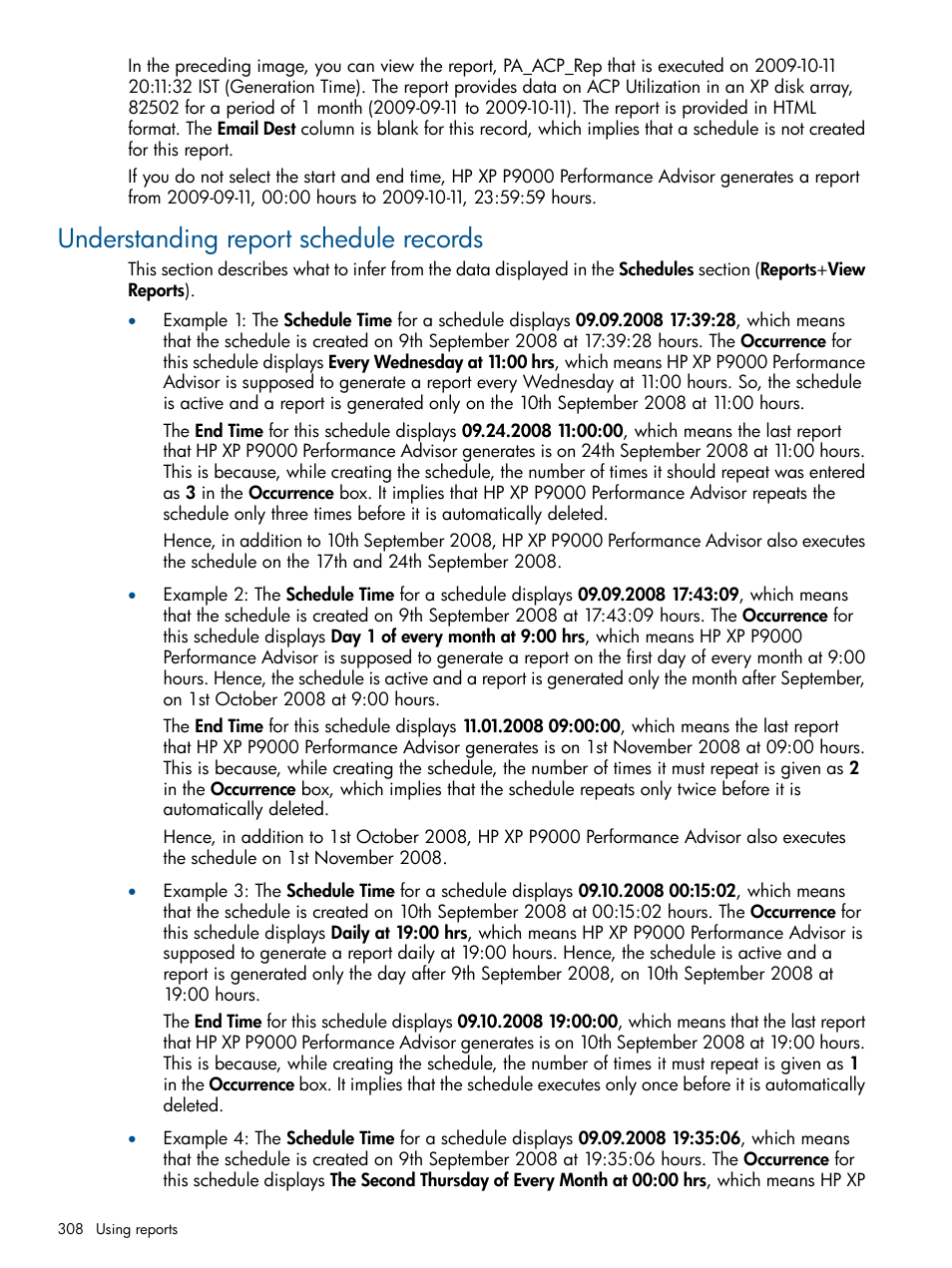 Understanding report schedule records | HP XP Performance Advisor Software User Manual | Page 308 / 417