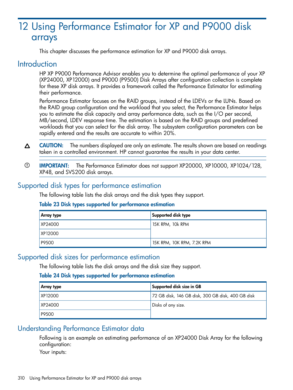 Introduction, Supported disk types for performance estimation, Supported disk sizes for performance estimation | Understanding performance estimator data | HP XP Performance Advisor Software User Manual | Page 310 / 417