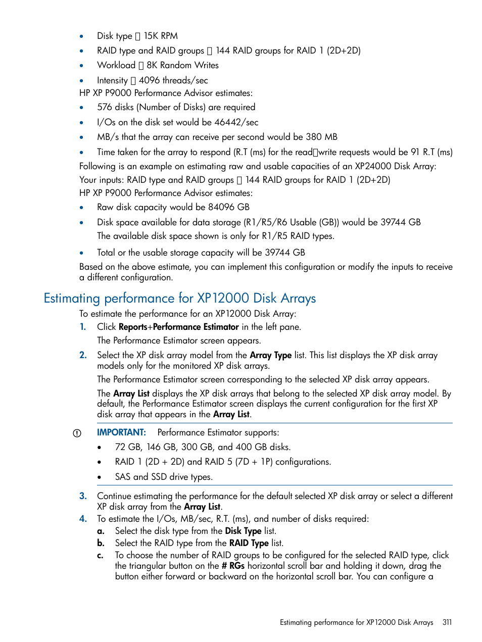 Estimating performance for xp12000 disk arrays | HP XP Performance Advisor Software User Manual | Page 311 / 417