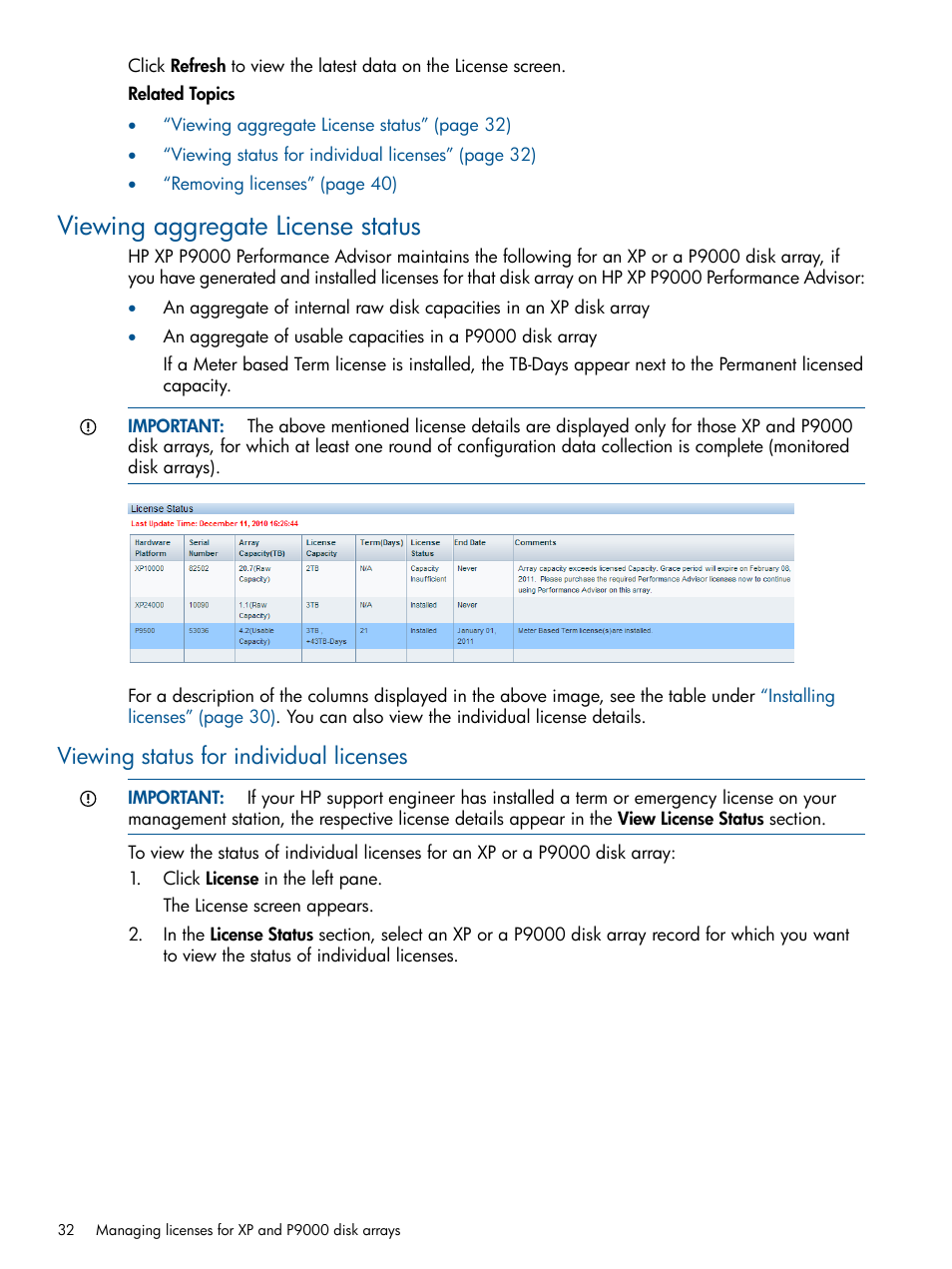 Viewing aggregate license status, Viewing status for individual licenses | HP XP Performance Advisor Software User Manual | Page 32 / 417