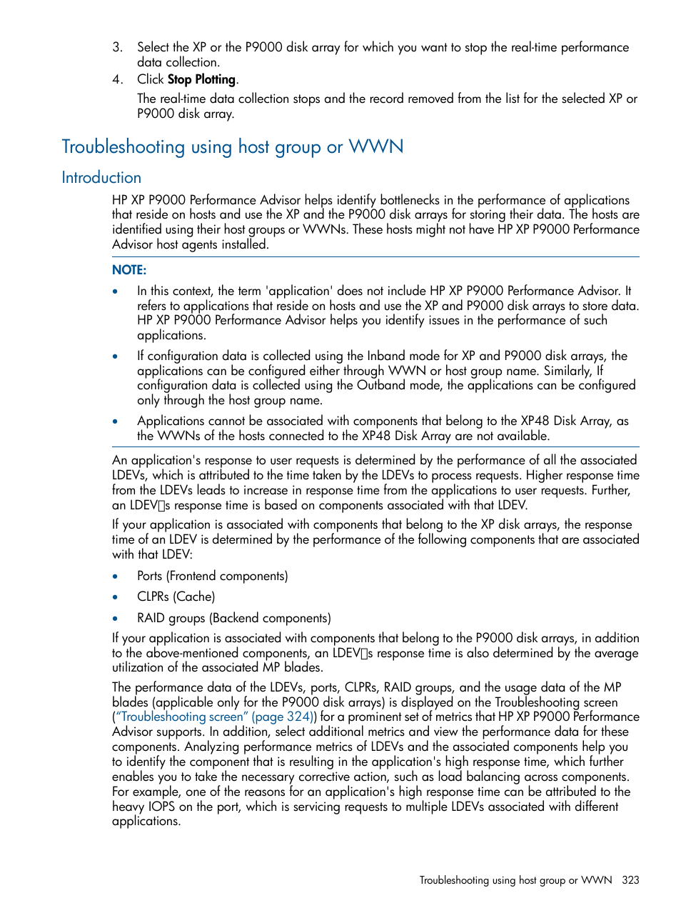 Troubleshooting using host group or wwn, Introduction | HP XP Performance Advisor Software User Manual | Page 323 / 417