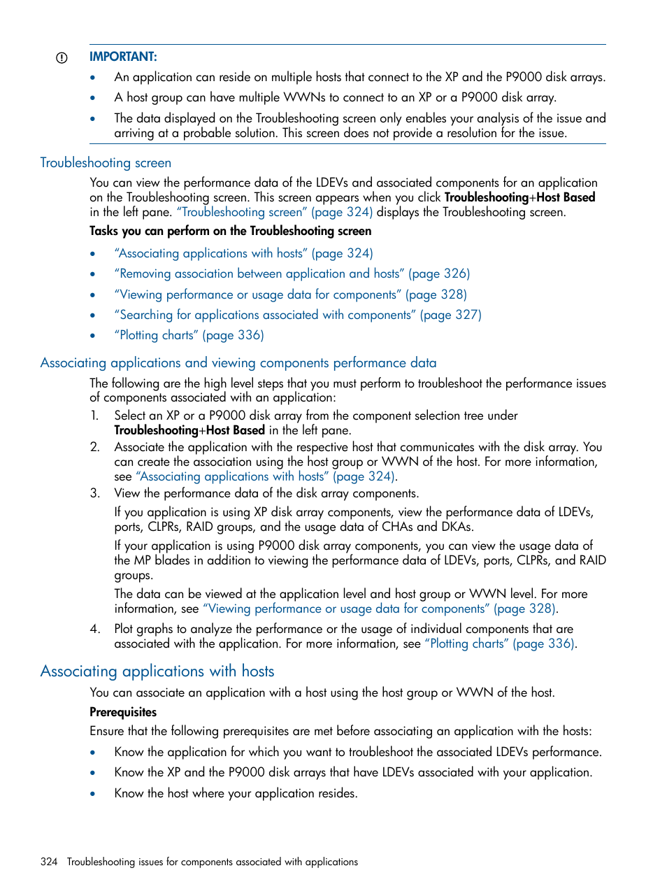 Troubleshooting screen, Associating applications with hosts | HP XP Performance Advisor Software User Manual | Page 324 / 417