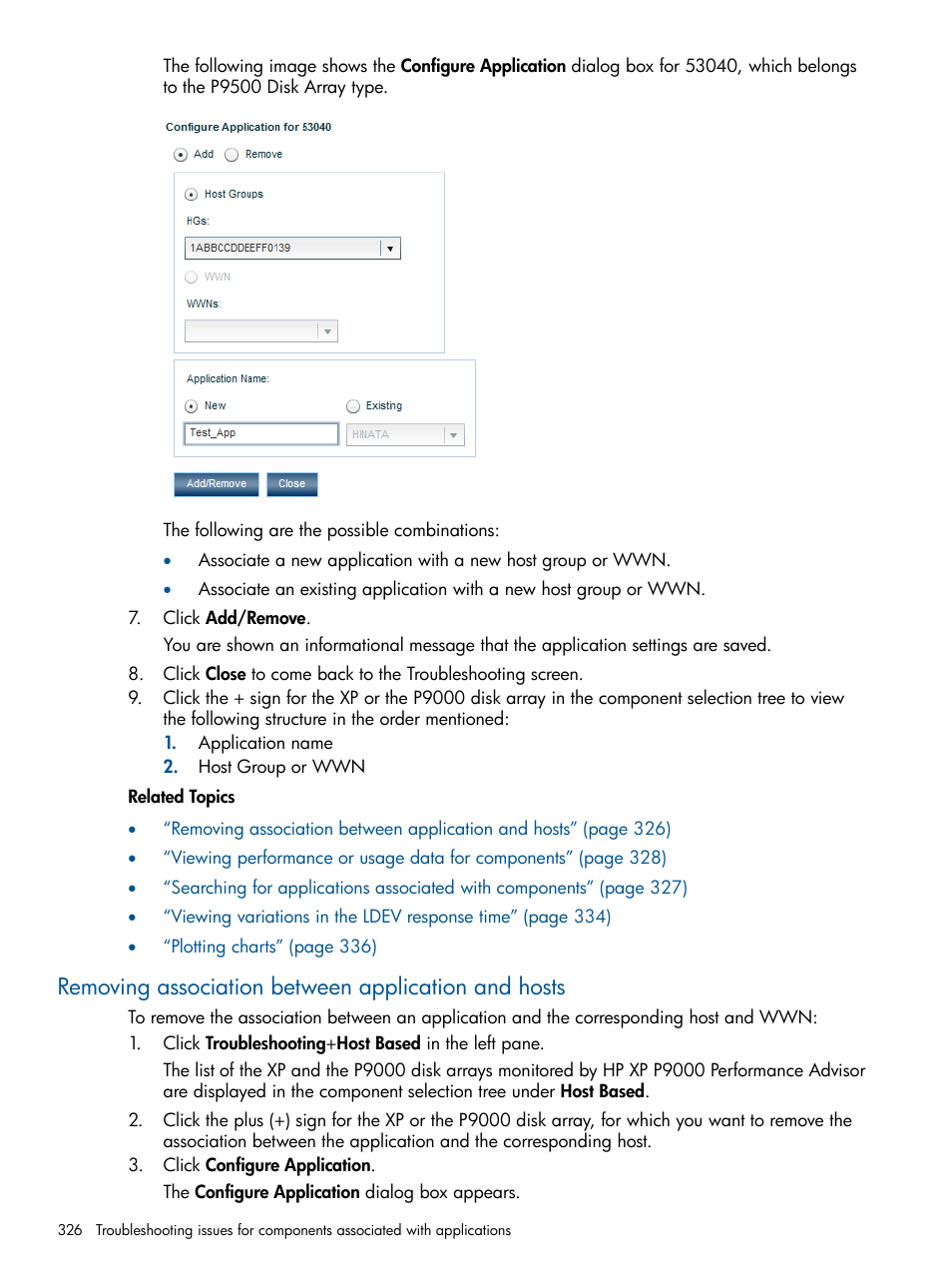 Removing association between application and hosts | HP XP Performance Advisor Software User Manual | Page 326 / 417