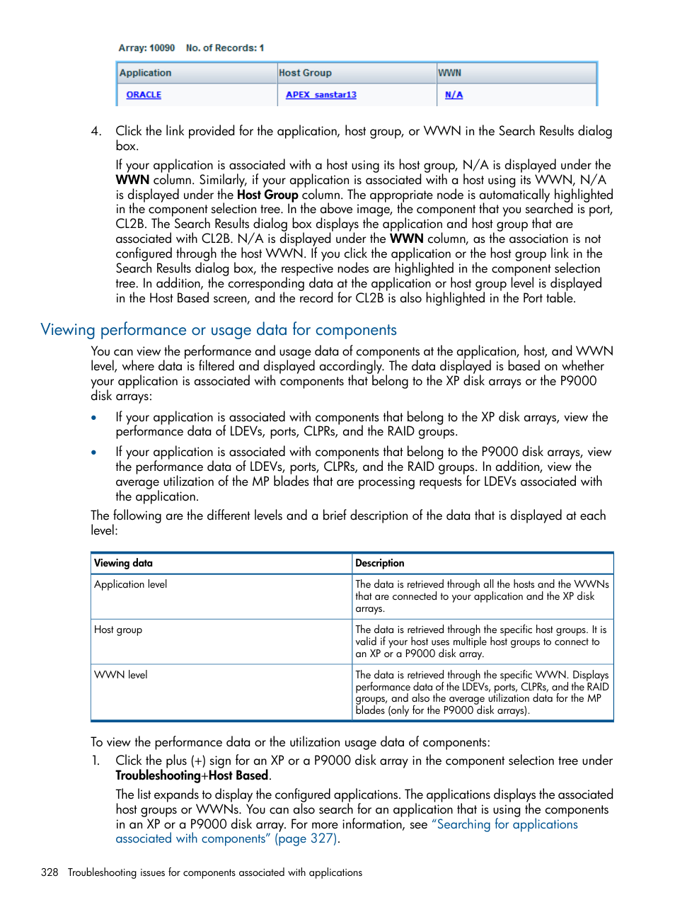 Viewing performance or usage data for components | HP XP Performance Advisor Software User Manual | Page 328 / 417