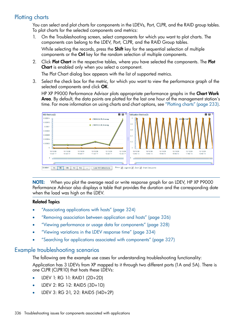 Plotting charts, Example troubleshooting scenarios, Plotting charts example troubleshooting scenarios | HP XP Performance Advisor Software User Manual | Page 336 / 417