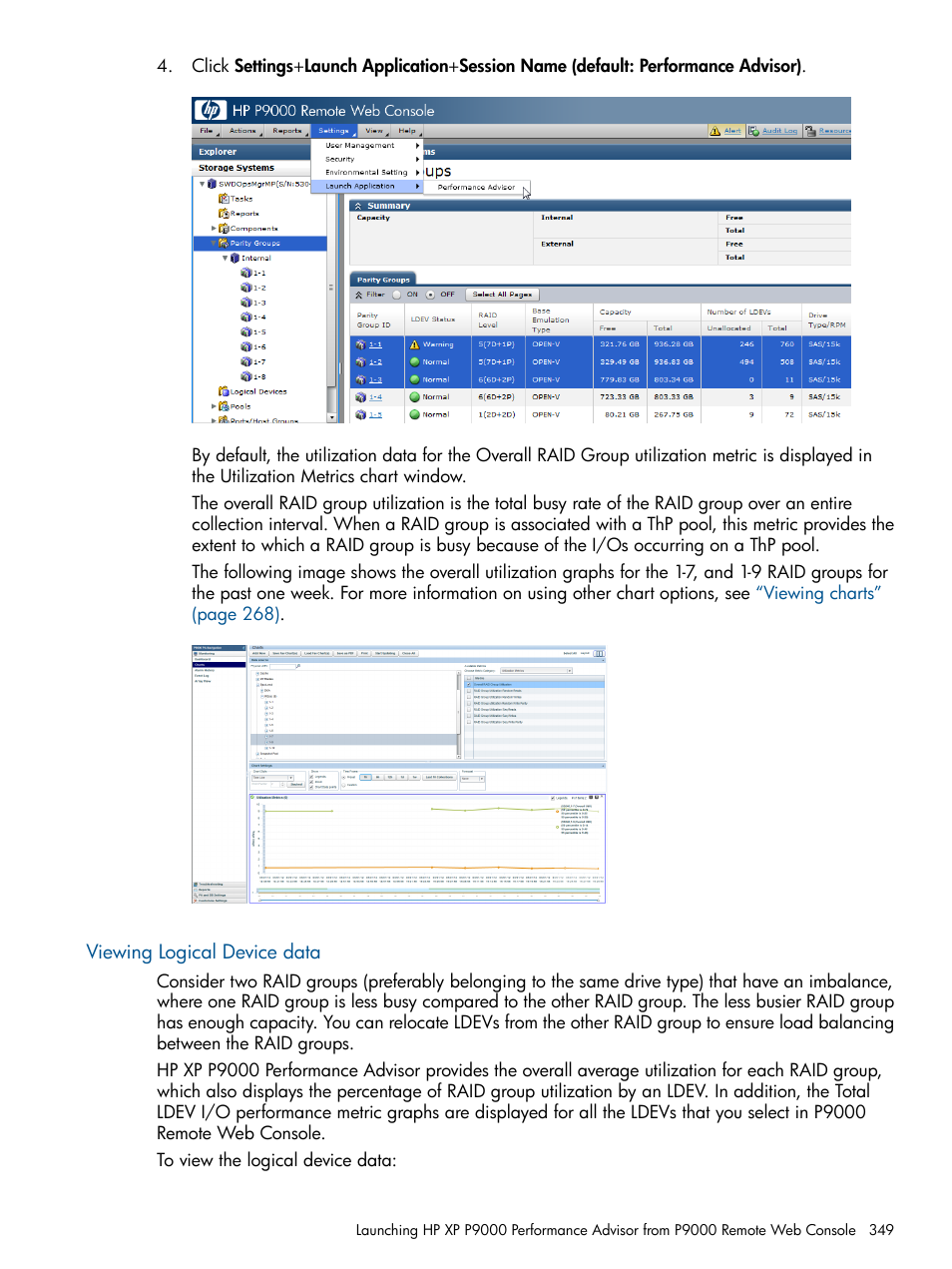 Viewing logical device data | HP XP Performance Advisor Software User Manual | Page 349 / 417