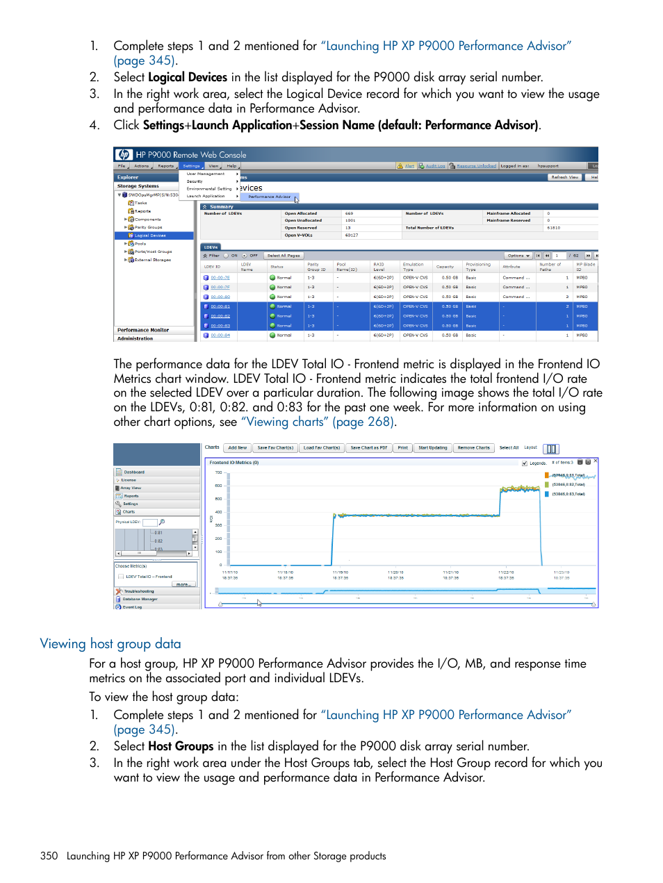 Viewing host group data | HP XP Performance Advisor Software User Manual | Page 350 / 417