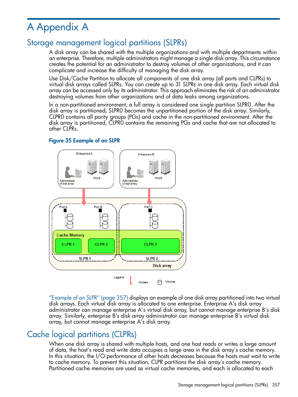 A appendix a, Storage management logical partitions (slprs), Cache logical partitions (clprs) | HP XP Performance Advisor Software User Manual | Page 357 / 417