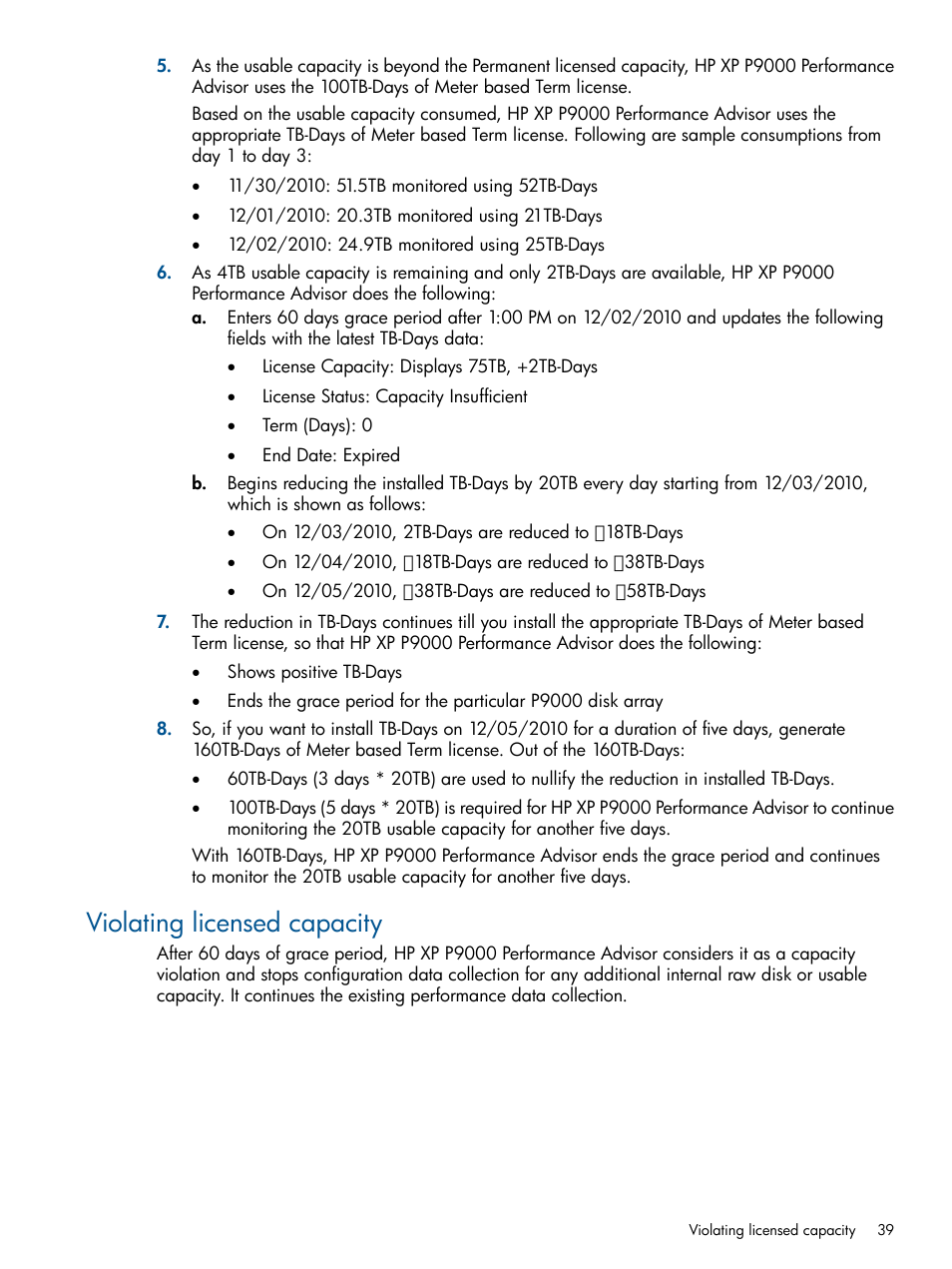 Violating licensed capacity | HP XP Performance Advisor Software User Manual | Page 39 / 417