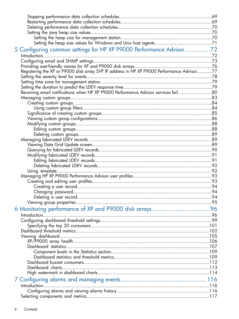 7 configuring alarms and managing events | HP XP Performance Advisor Software User Manual | Page 4 / 417