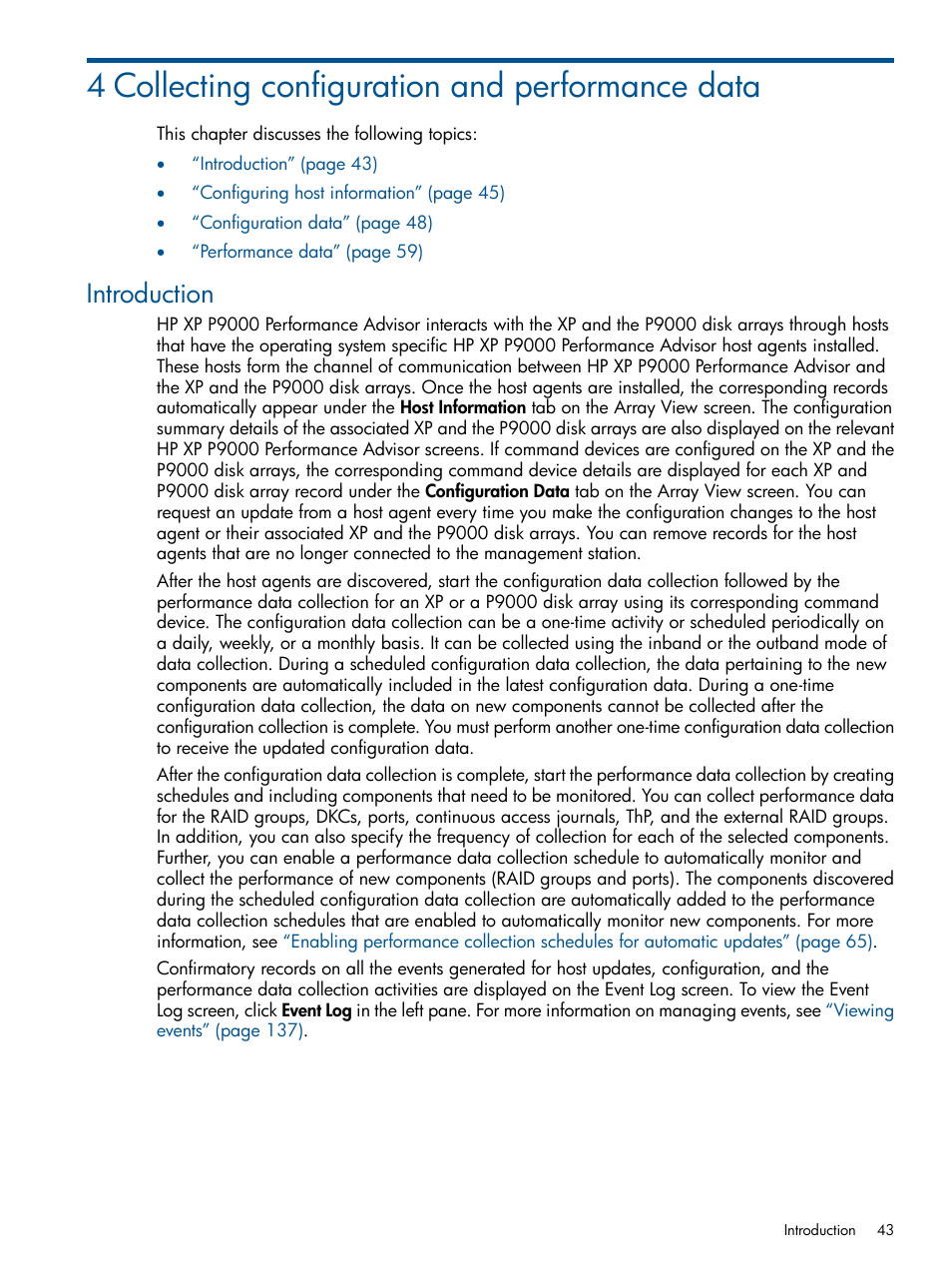4 collecting configuration and performance data, Introduction | HP XP Performance Advisor Software User Manual | Page 43 / 417