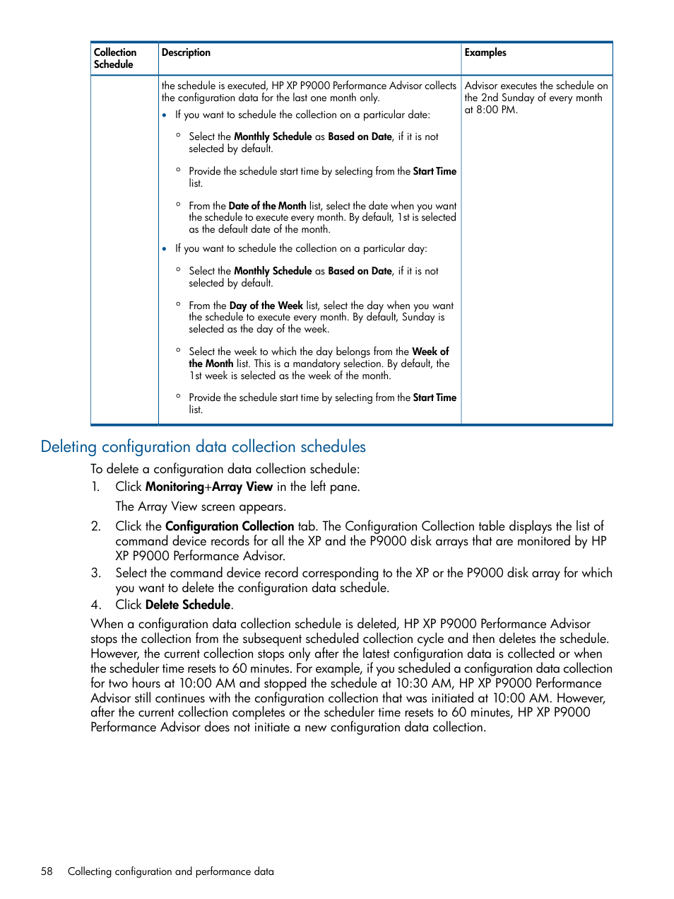 Deleting configuration data collection schedules | HP XP Performance Advisor Software User Manual | Page 58 / 417