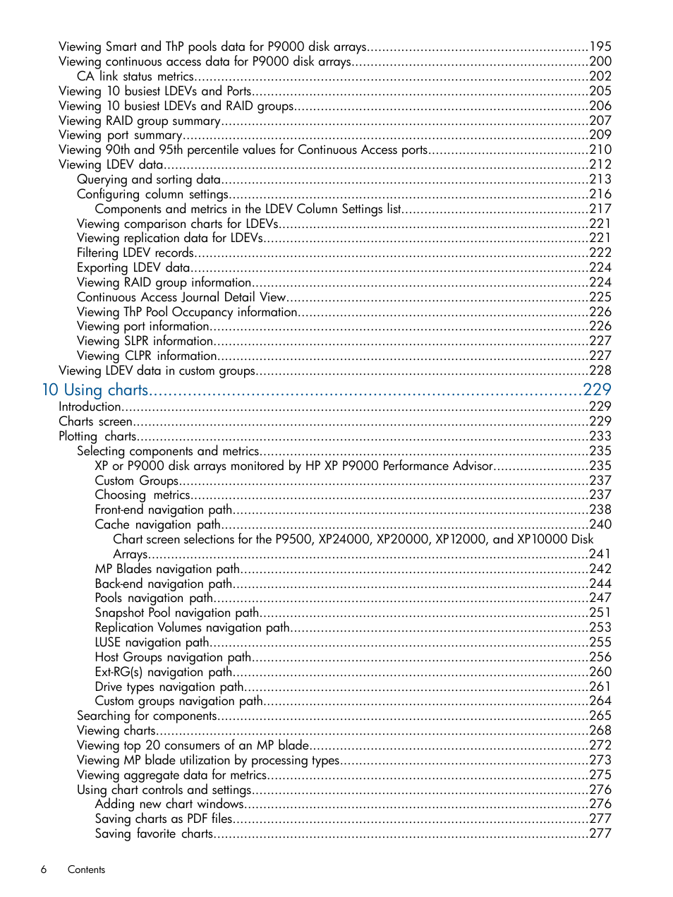 10 using charts | HP XP Performance Advisor Software User Manual | Page 6 / 417