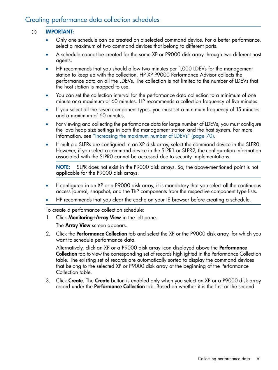 Creating performance data collection schedules | HP XP Performance Advisor Software User Manual | Page 61 / 417