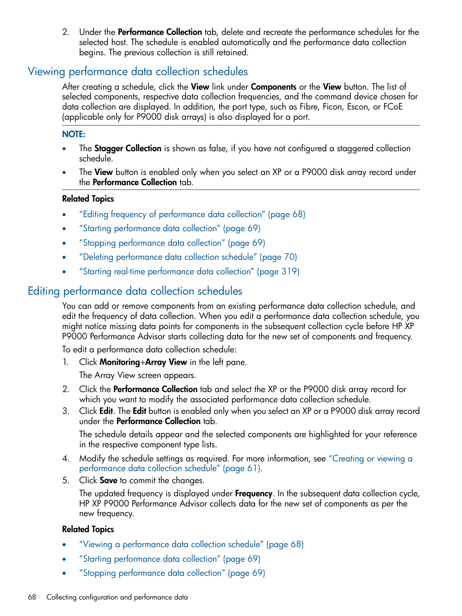 Viewing performance data collection schedules, Editing performance data collection schedules, Editing frequency of performance data | HP XP Performance Advisor Software User Manual | Page 68 / 417