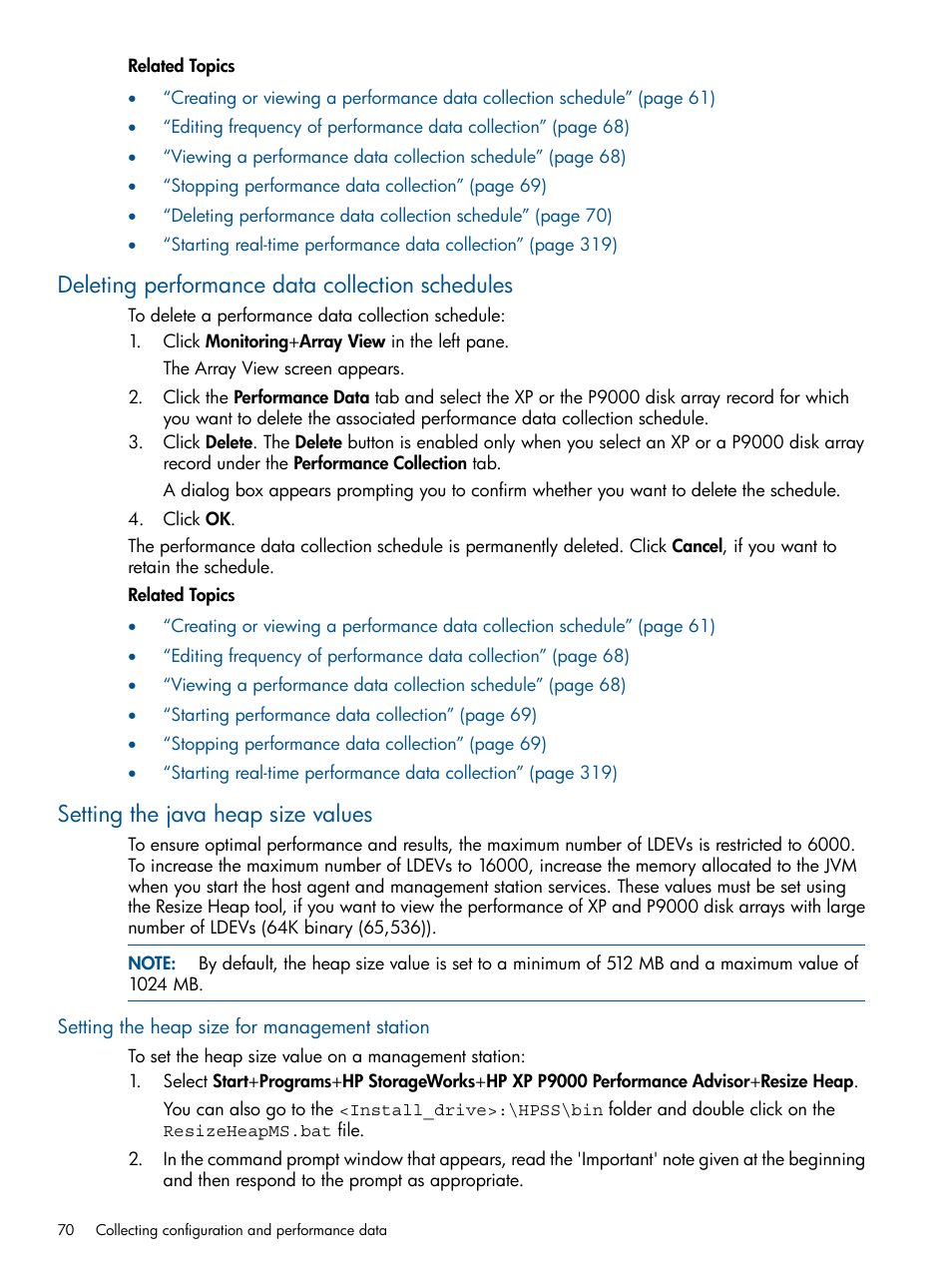 Deleting performance data collection schedules, Setting the java heap size values, Setting the heap size for management station | HP XP Performance Advisor Software User Manual | Page 70 / 417