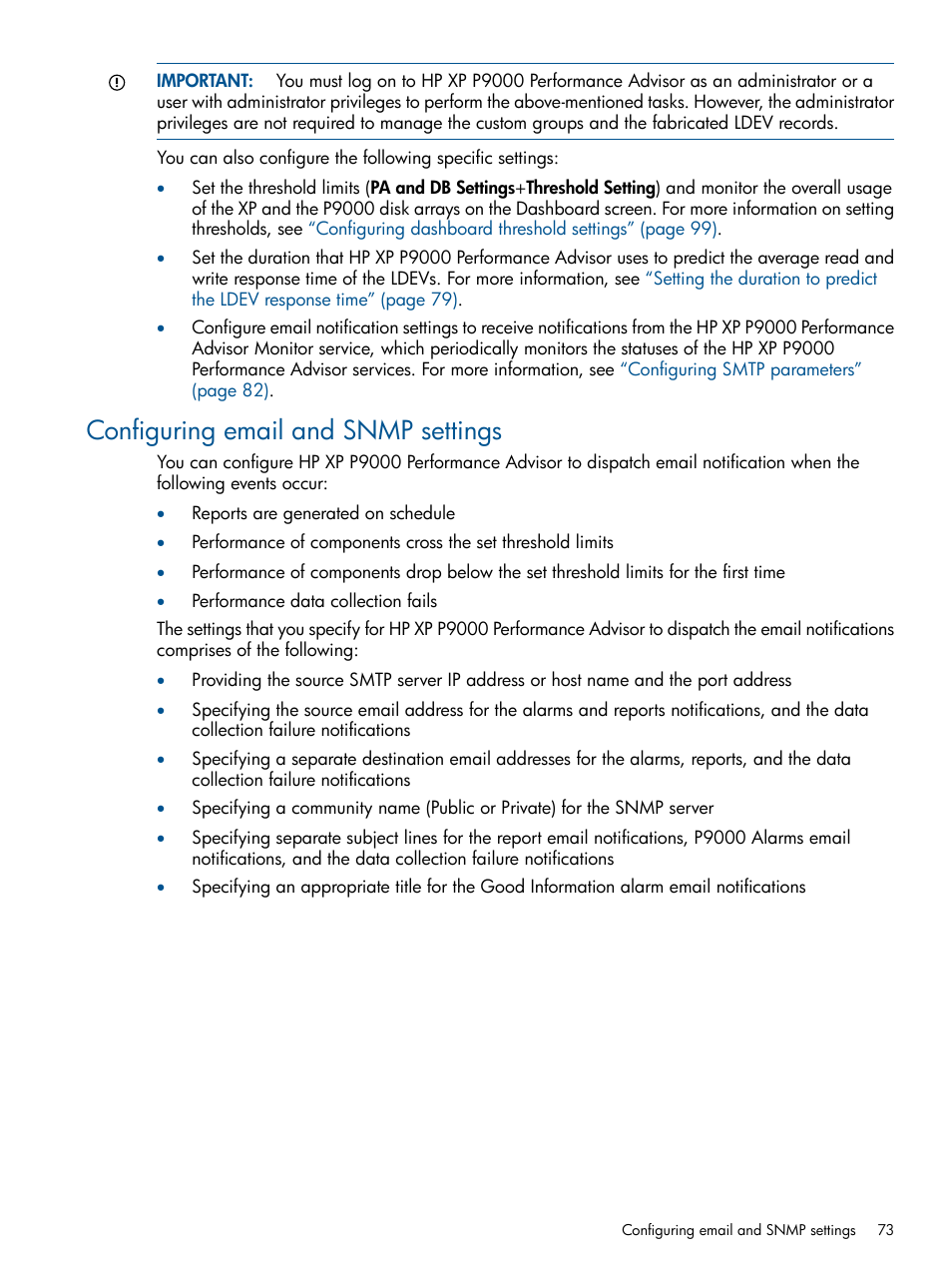 Configuring email and snmp settings | HP XP Performance Advisor Software User Manual | Page 73 / 417