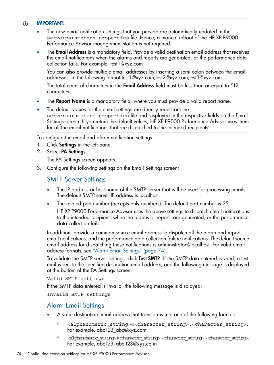 Smtp server settings, Alarm email settings | HP XP Performance Advisor Software User Manual | Page 74 / 417