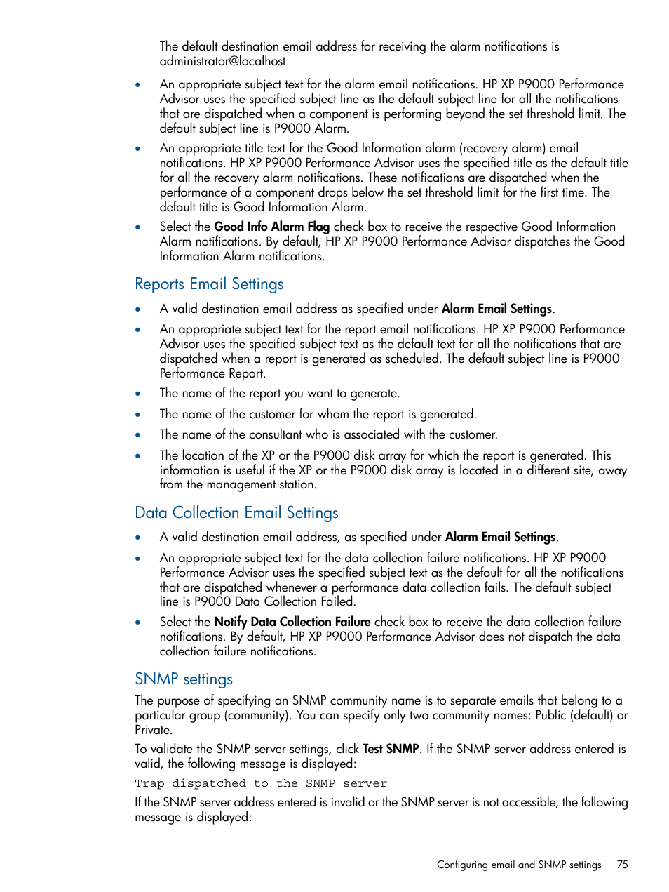 Reports email settings, Data collection email settings, Snmp settings | HP XP Performance Advisor Software User Manual | Page 75 / 417