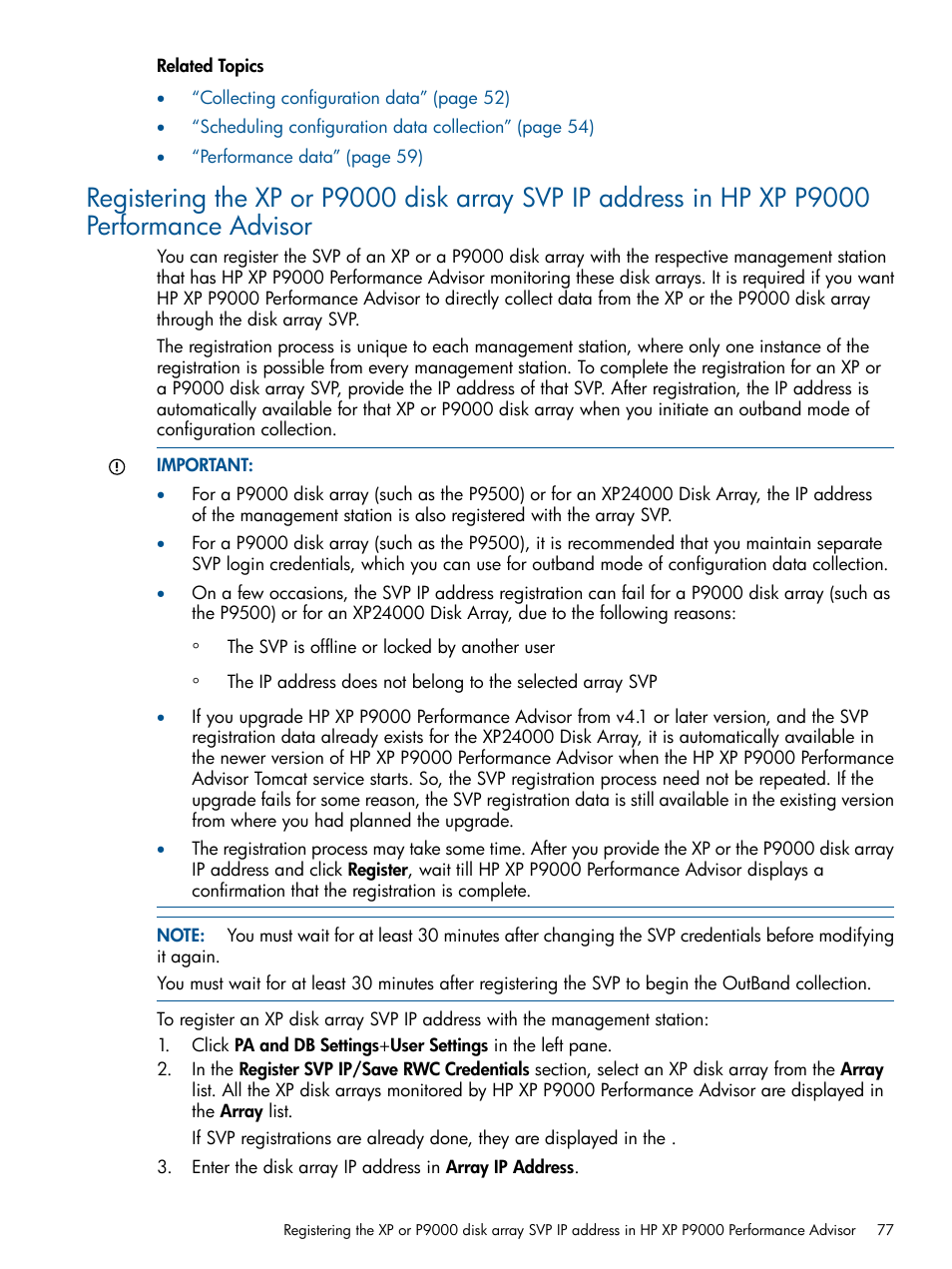 Registering the xp or p9000 disk array svp | HP XP Performance Advisor Software User Manual | Page 77 / 417