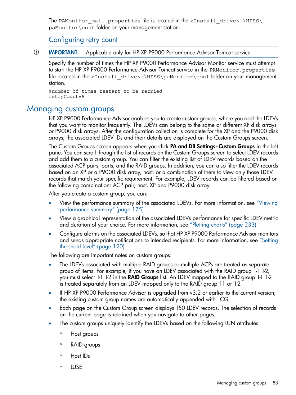 Managing custom groups, Configuring retry count | HP XP Performance Advisor Software User Manual | Page 83 / 417