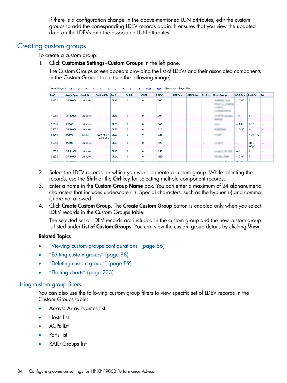 Creating custom groups, Using custom group filters | HP XP Performance Advisor Software User Manual | Page 84 / 417