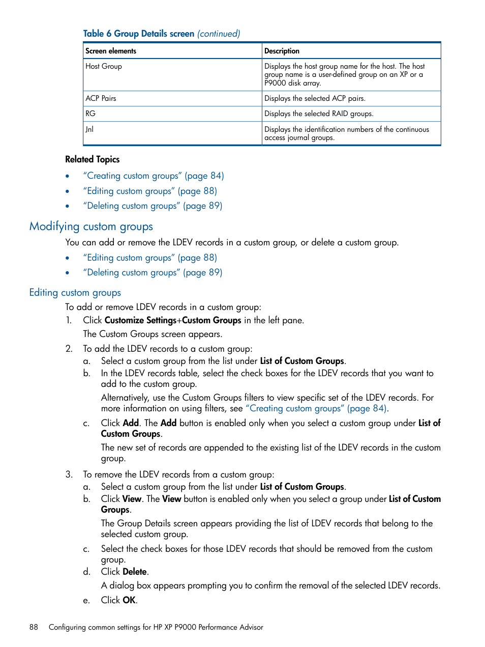 Modifying custom groups, Editing custom groups | HP XP Performance Advisor Software User Manual | Page 88 / 417