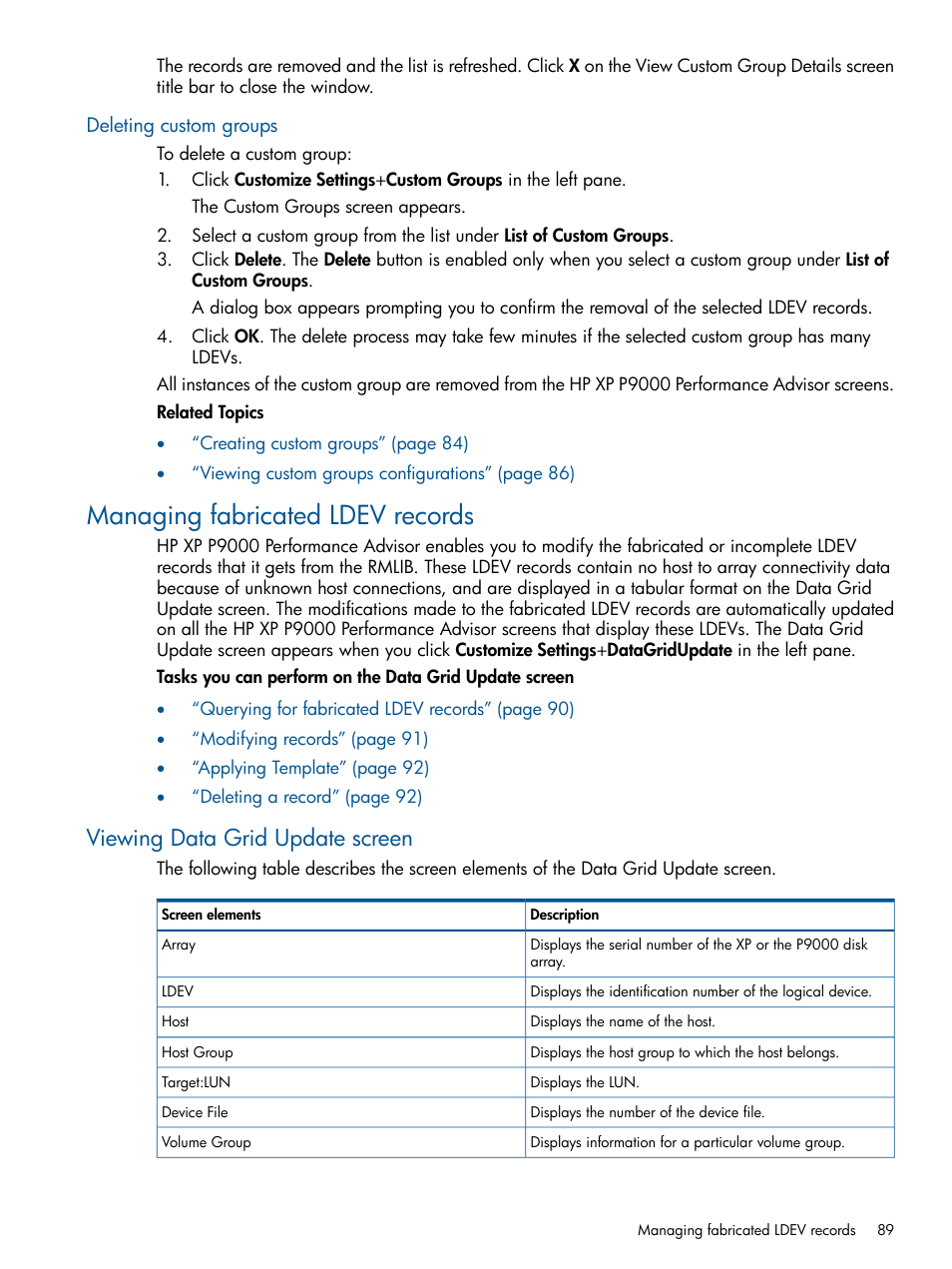 Deleting custom groups, Managing fabricated ldev records, Viewing data grid update screen | HP XP Performance Advisor Software User Manual | Page 89 / 417