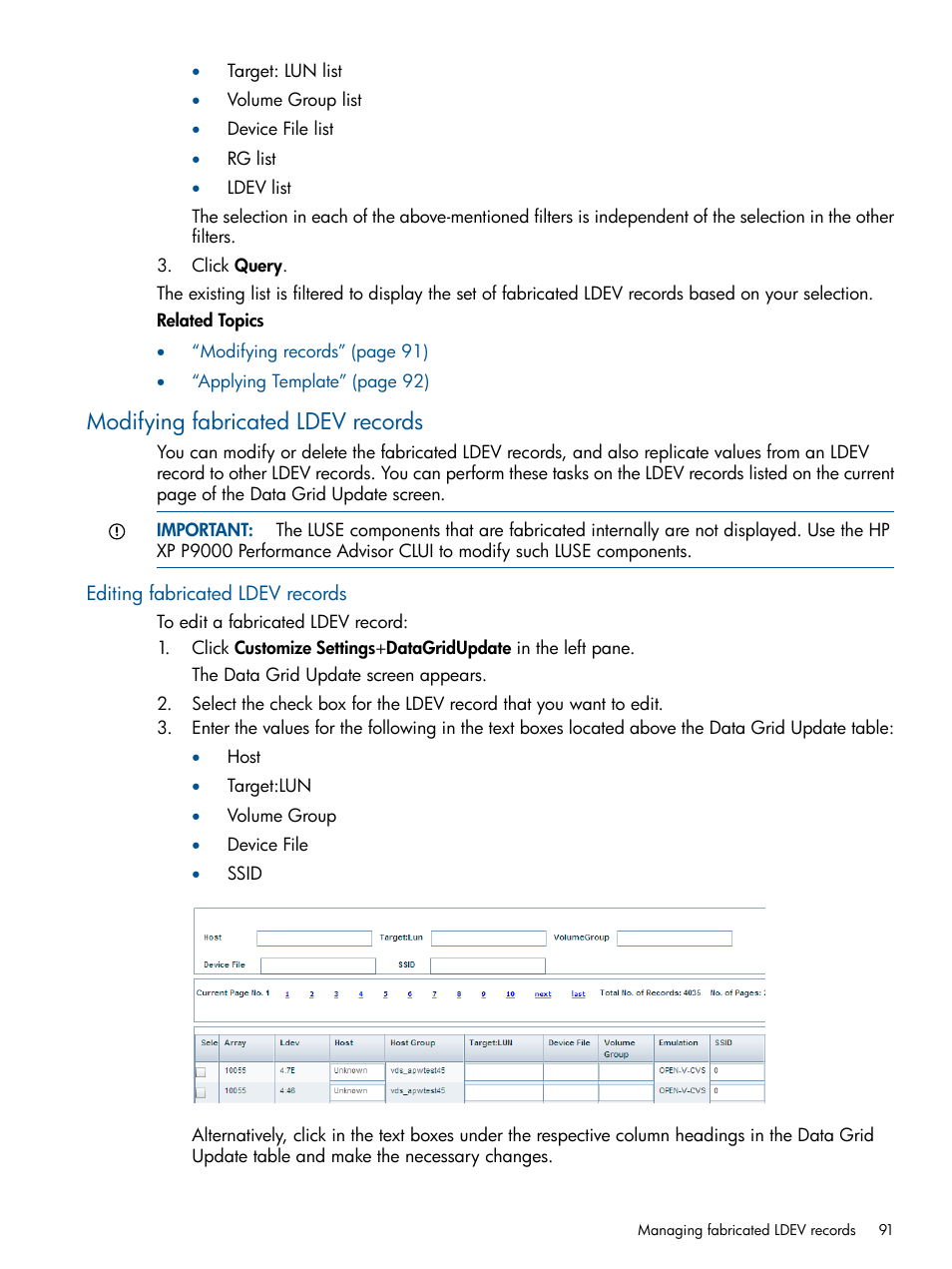 Modifying fabricated ldev records, Editing fabricated ldev records | HP XP Performance Advisor Software User Manual | Page 91 / 417