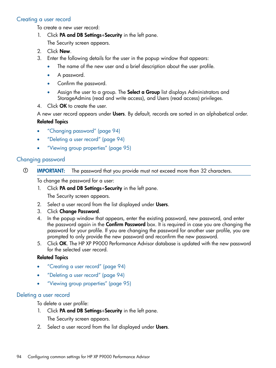 Creating a user record, Changing password, Deleting a user record | HP XP Performance Advisor Software User Manual | Page 94 / 417