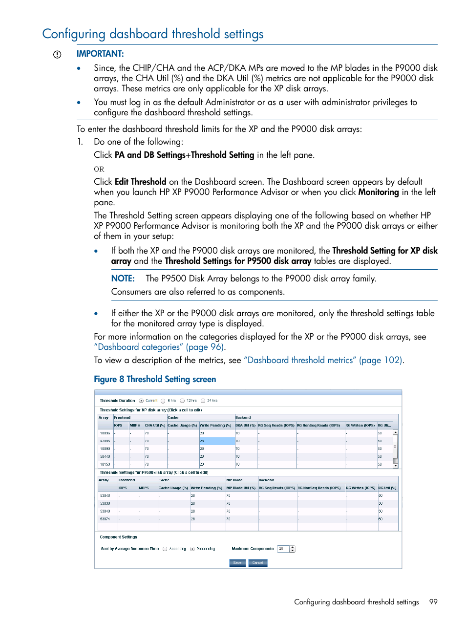 Configuring dashboard threshold settings, Configuring | HP XP Performance Advisor Software User Manual | Page 99 / 417