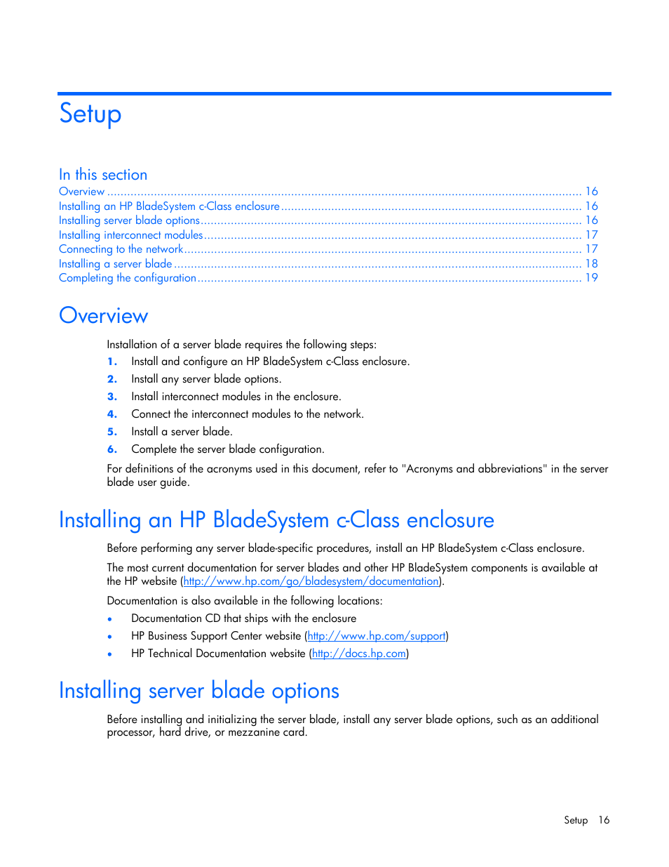 Setup, Overview, Installing an hp bladesystem c-class enclosure | Installing server blade options | HP ProLiant xw460c Blade Workstation User Manual | Page 16 / 93