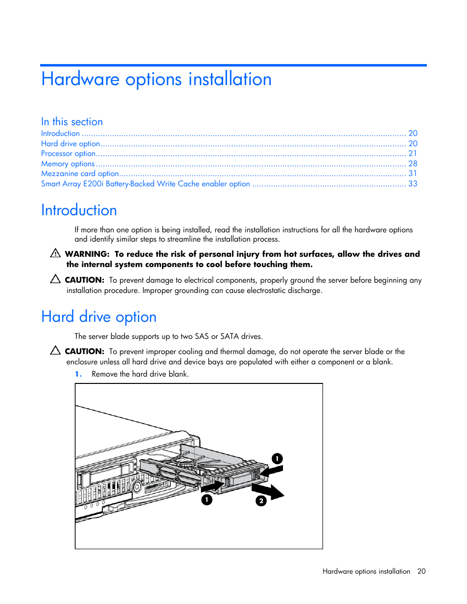 Hardware options installation, Introduction, Hard drive option | HP ProLiant xw460c Blade Workstation User Manual | Page 20 / 93