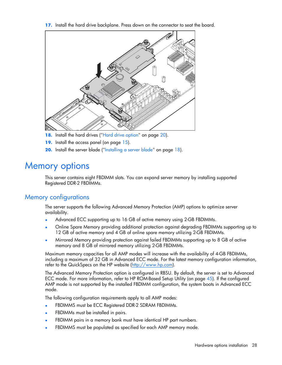 Memory options, Memory configurations | HP ProLiant xw460c Blade Workstation User Manual | Page 28 / 93