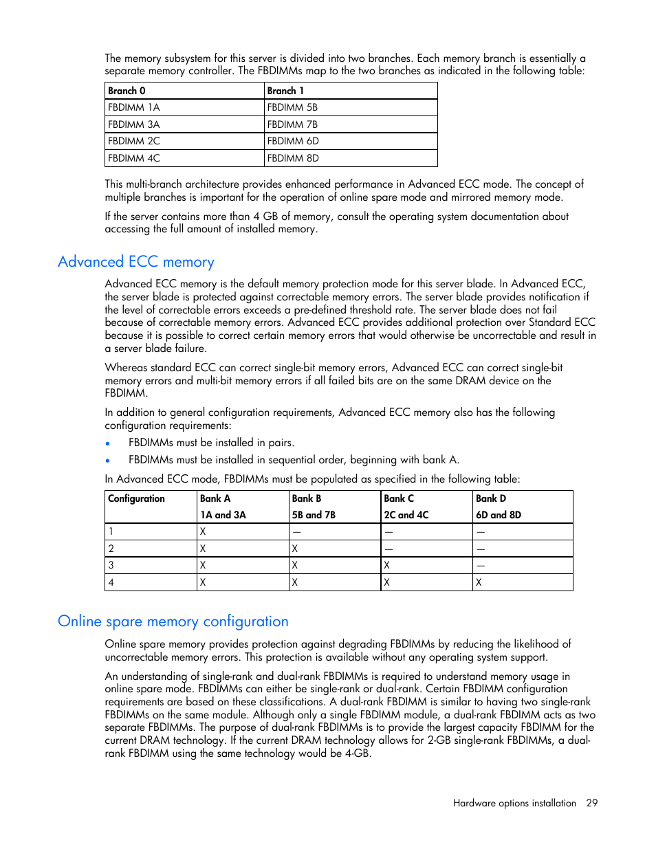 Advanced ecc memory, Online spare memory configuration | HP ProLiant xw460c Blade Workstation User Manual | Page 29 / 93