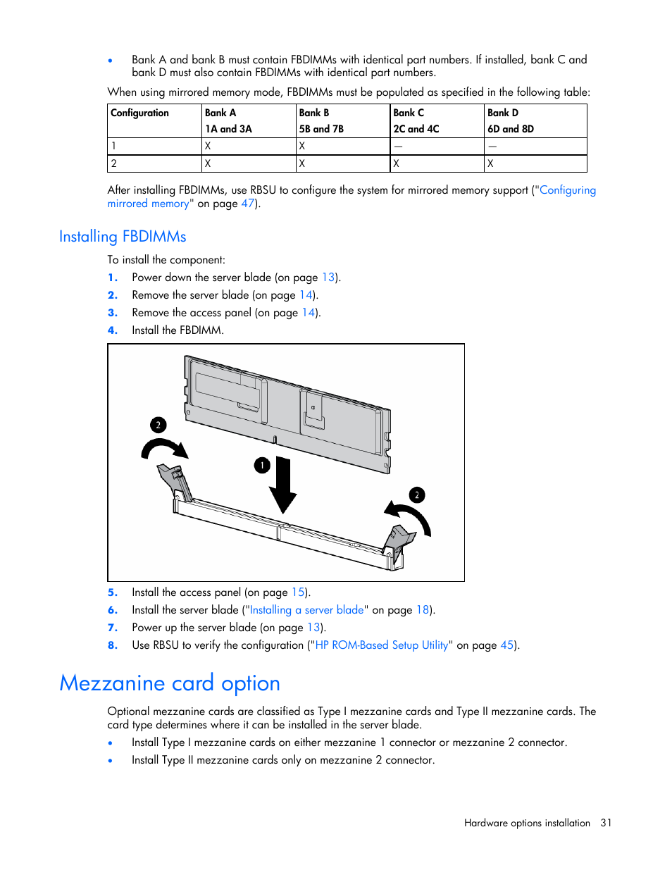 Installing fbdimms, Mezzanine card option | HP ProLiant xw460c Blade Workstation User Manual | Page 31 / 93