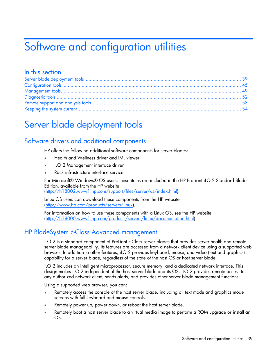 Software and configuration utilities, Server blade deployment tools, Software drivers and additional components | Hp bladesystem c-class advanced management | HP ProLiant xw460c Blade Workstation User Manual | Page 39 / 93