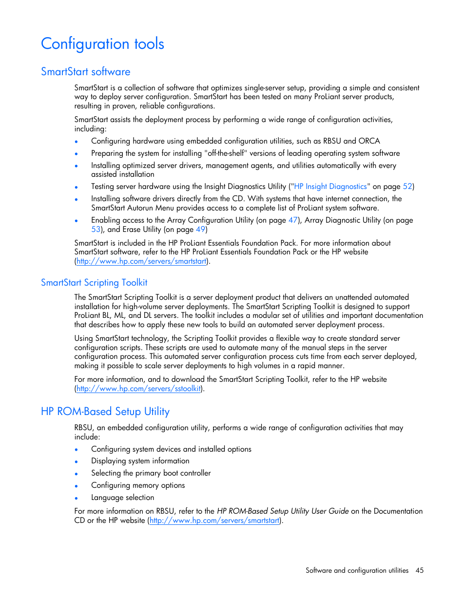 Configuration tools, Smartstart software, Smartstart scripting toolkit | Hp rom-based setup utility, Em boots in advanc | HP ProLiant xw460c Blade Workstation User Manual | Page 45 / 93