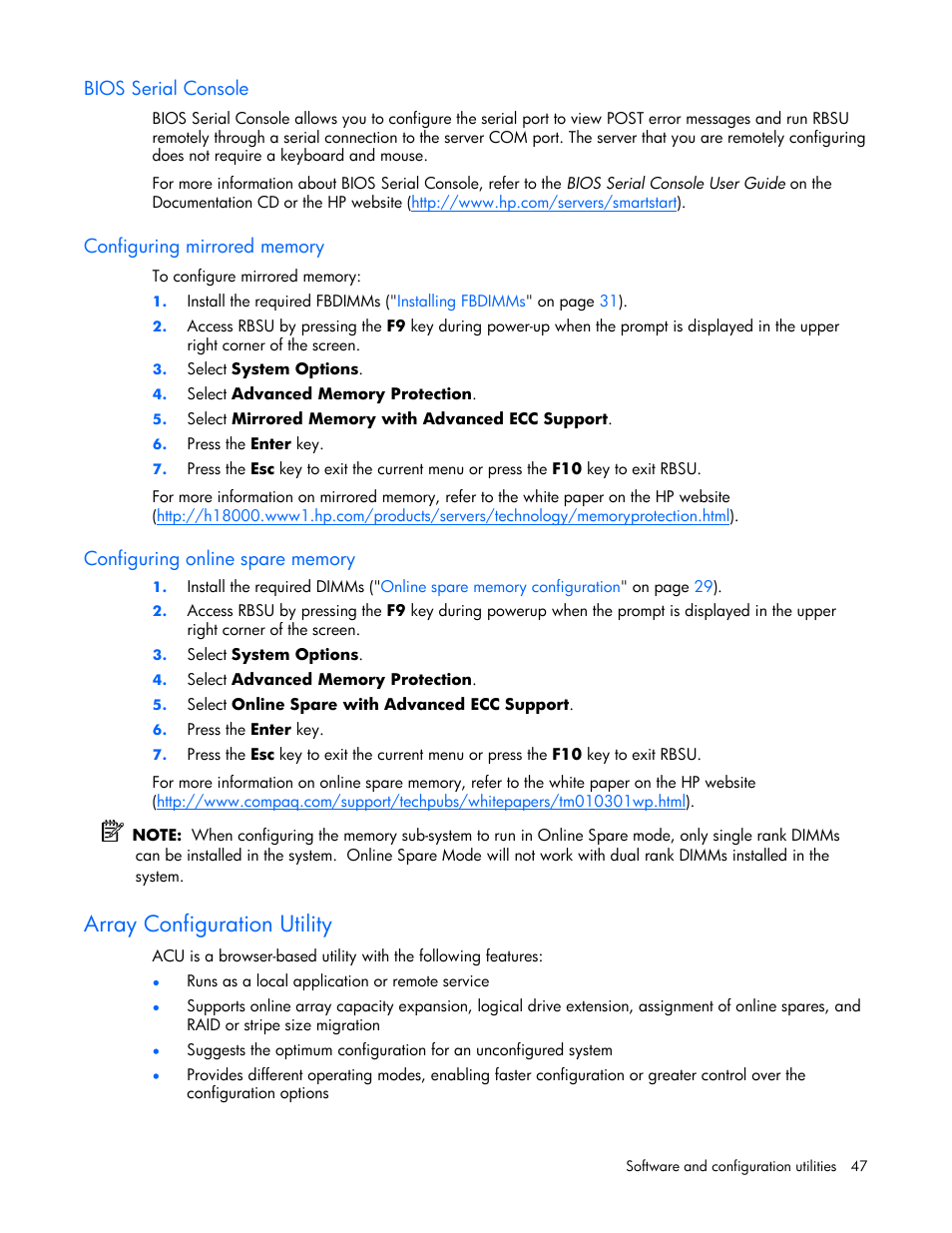 Bios serial console, Configuring mirrored memory, Configuring online spare memory | Array configuration utility, Configuring, Mirrored memory | HP ProLiant xw460c Blade Workstation User Manual | Page 47 / 93