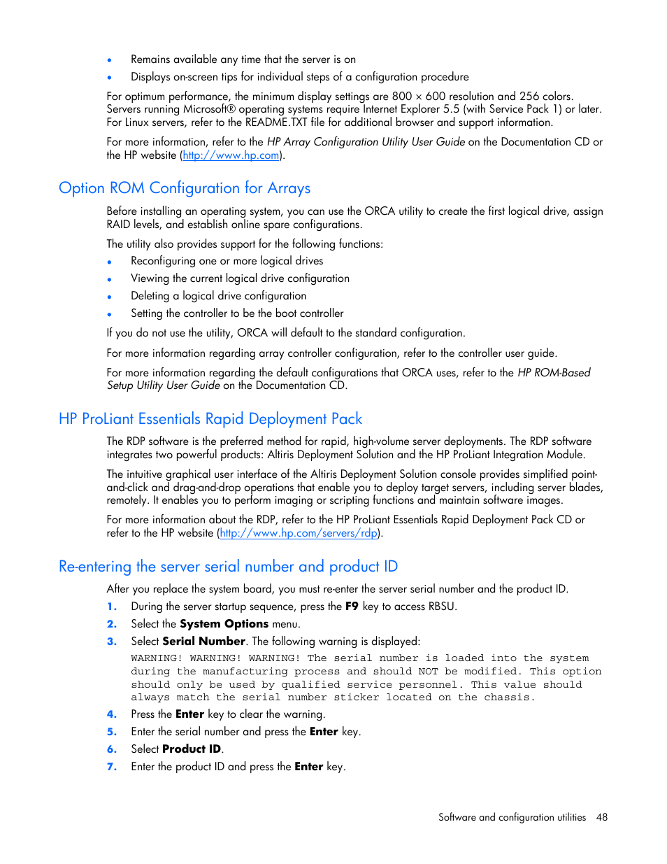 Option rom configuration for arrays, Hp proliant essentials rapid deployment pack | HP ProLiant xw460c Blade Workstation User Manual | Page 48 / 93
