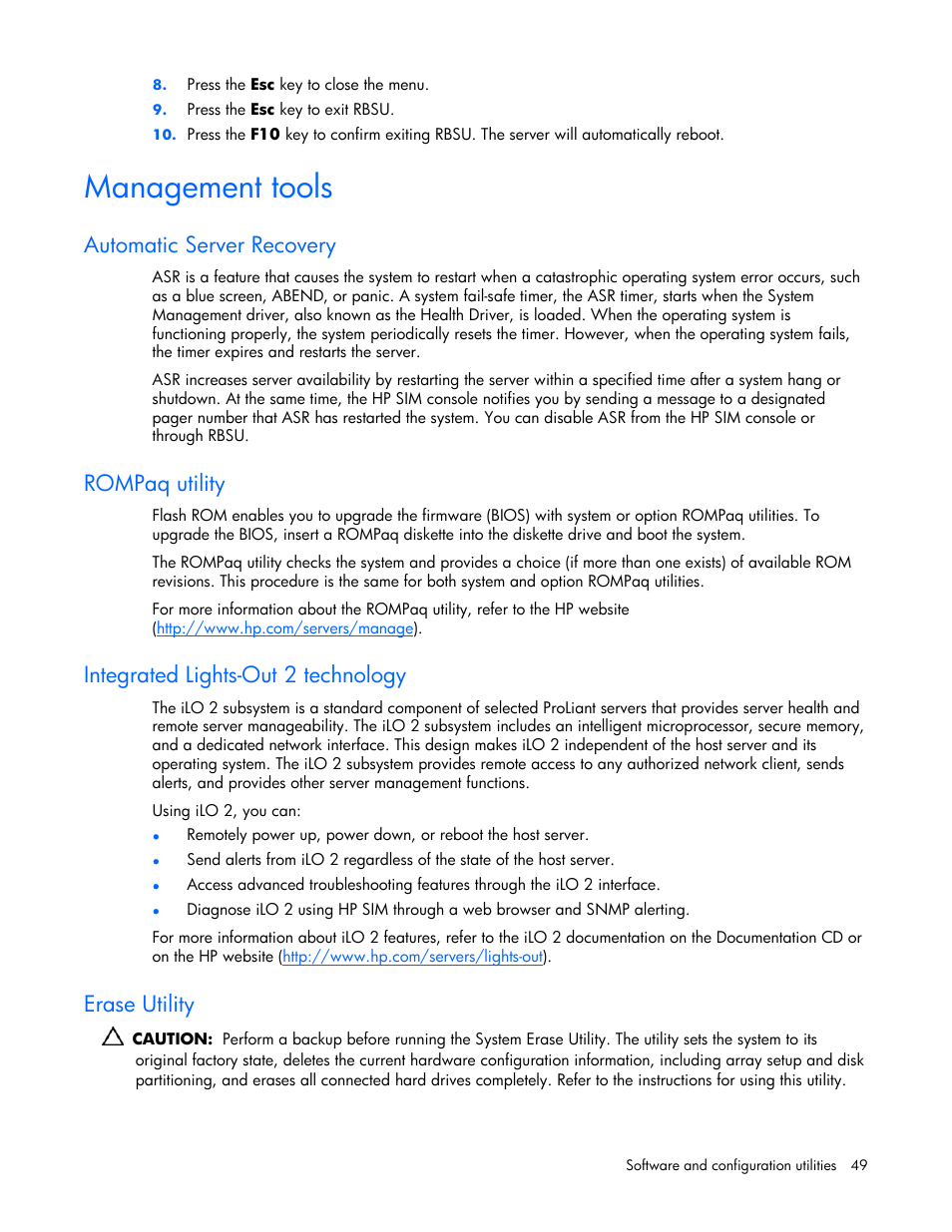 Management tools, Automatic server recovery, Rompaq utility | Integrated lights-out 2 technology, Erase utility | HP ProLiant xw460c Blade Workstation User Manual | Page 49 / 93