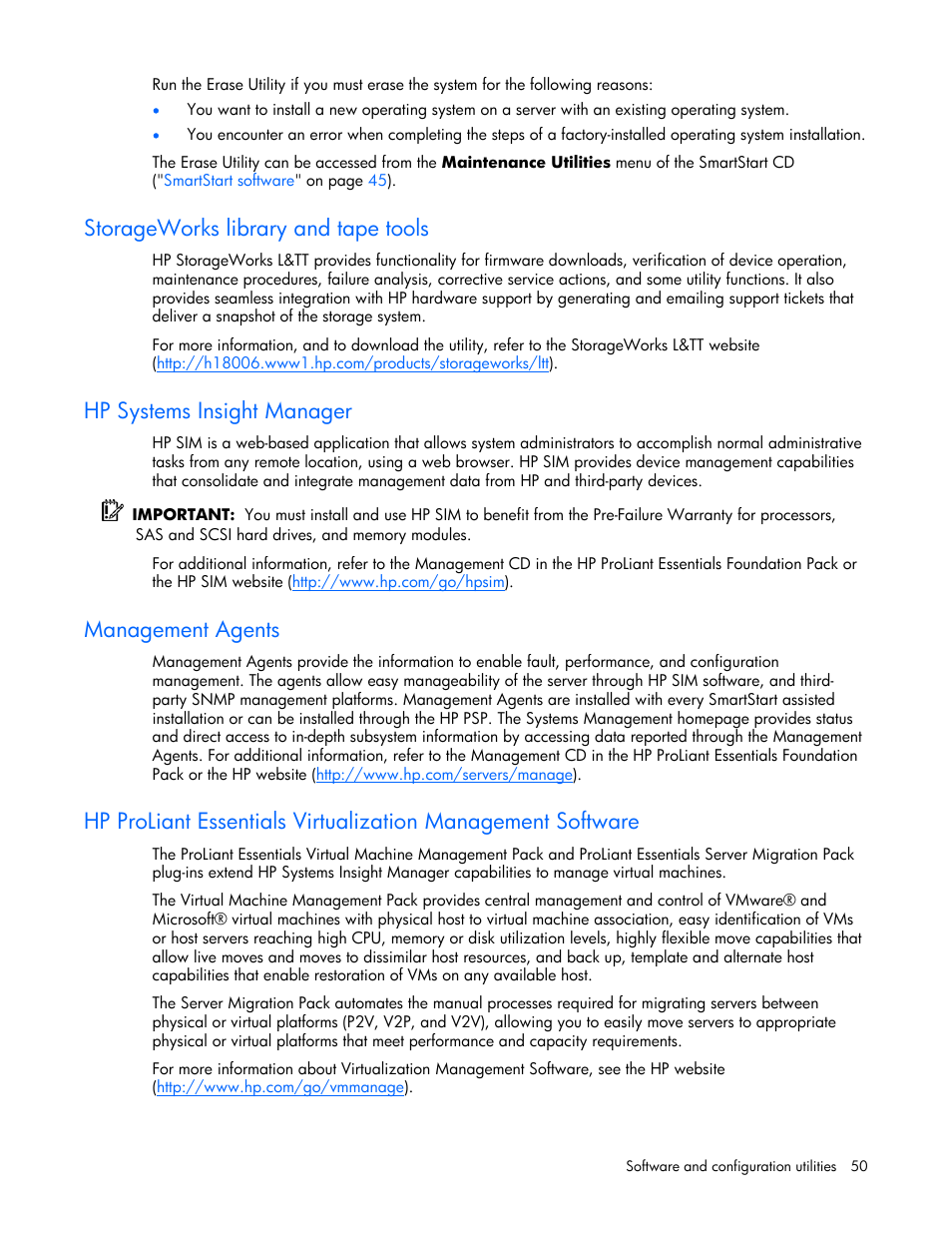 Storageworks library and tape tools, Hp systems insight manager, Management agents | HP ProLiant xw460c Blade Workstation User Manual | Page 50 / 93