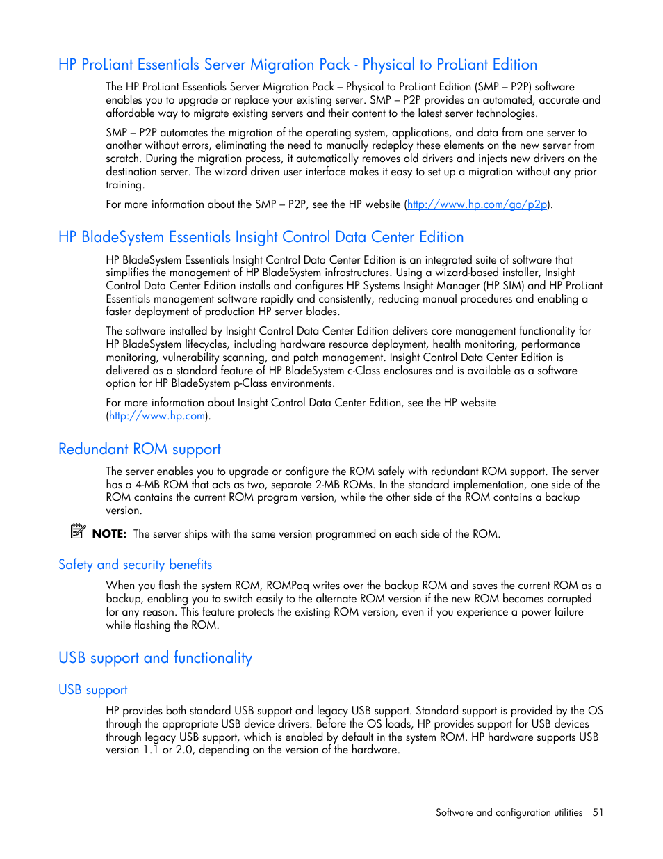 Redundant rom support, Safety and security benefits, Usb support and functionality | Usb support | HP ProLiant xw460c Blade Workstation User Manual | Page 51 / 93