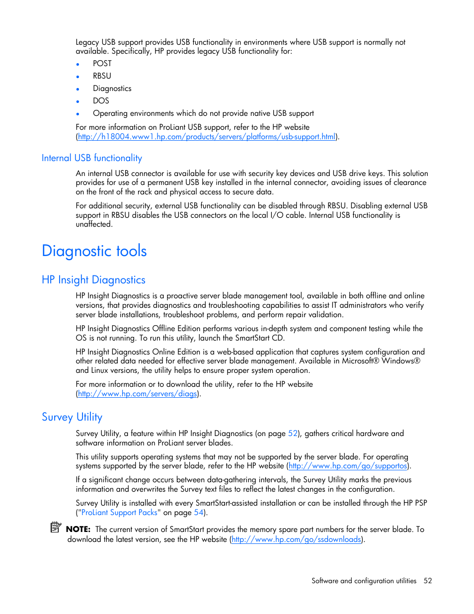 Internal usb functionality, Diagnostic tools, Hp insight diagnostics | Survey utility | HP ProLiant xw460c Blade Workstation User Manual | Page 52 / 93