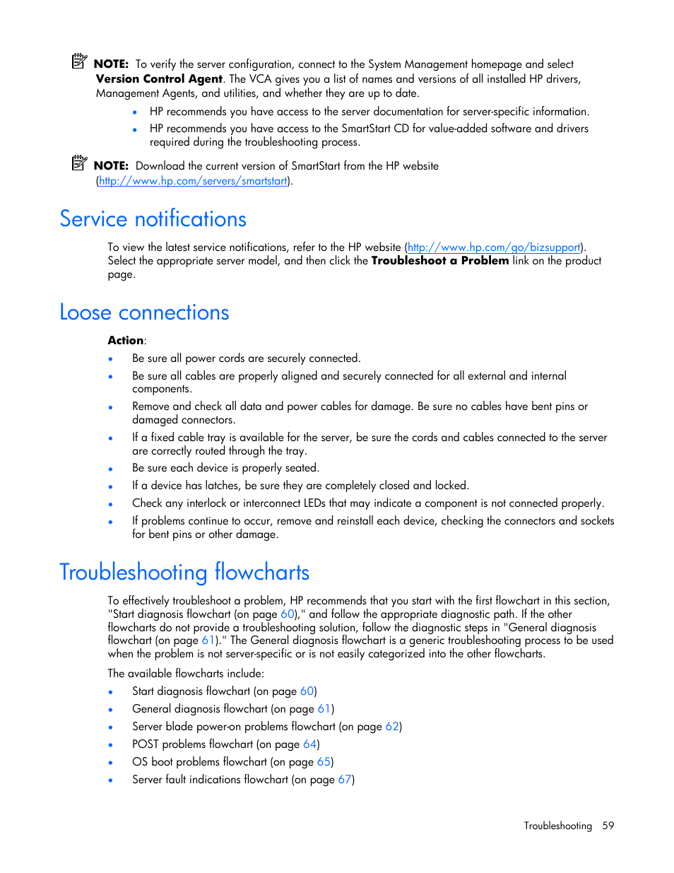 Service notifications, Loose connections, Troubleshooting flowcharts | HP ProLiant xw460c Blade Workstation User Manual | Page 59 / 93