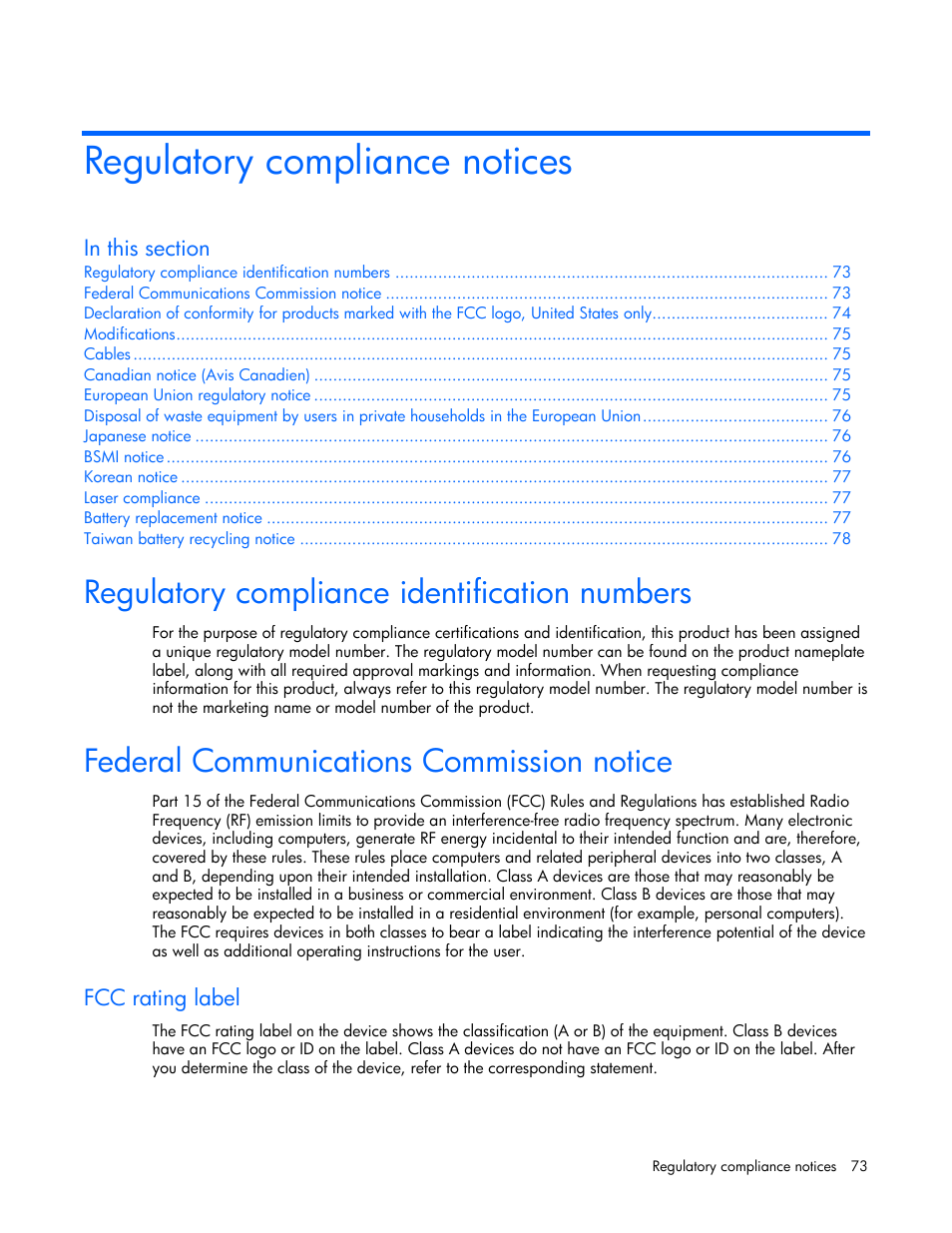 Regulatory compliance notices, Regulatory compliance identification numbers, Federal communications commission notice | Fcc rating label | HP ProLiant xw460c Blade Workstation User Manual | Page 73 / 93