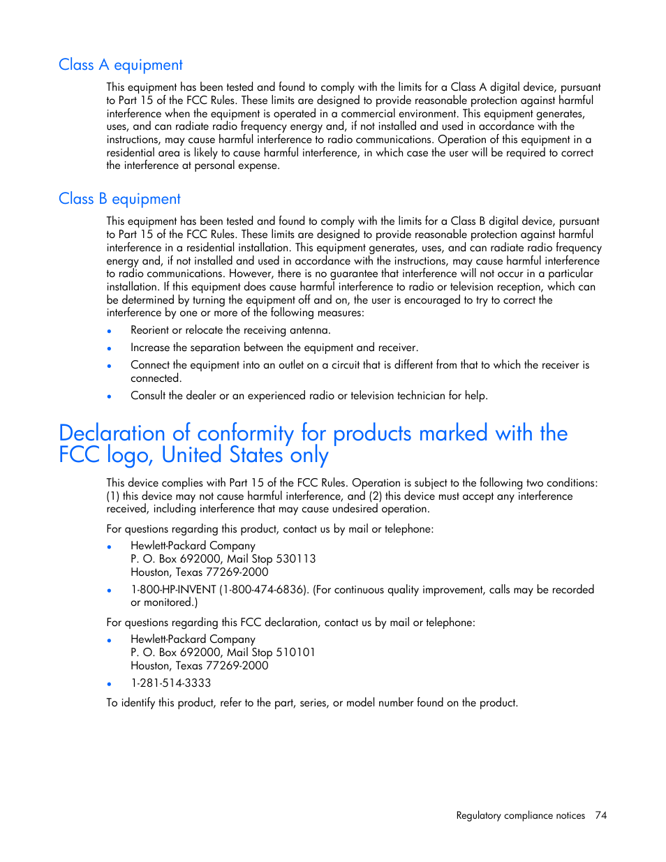 Class a equipment, Class b equipment | HP ProLiant xw460c Blade Workstation User Manual | Page 74 / 93