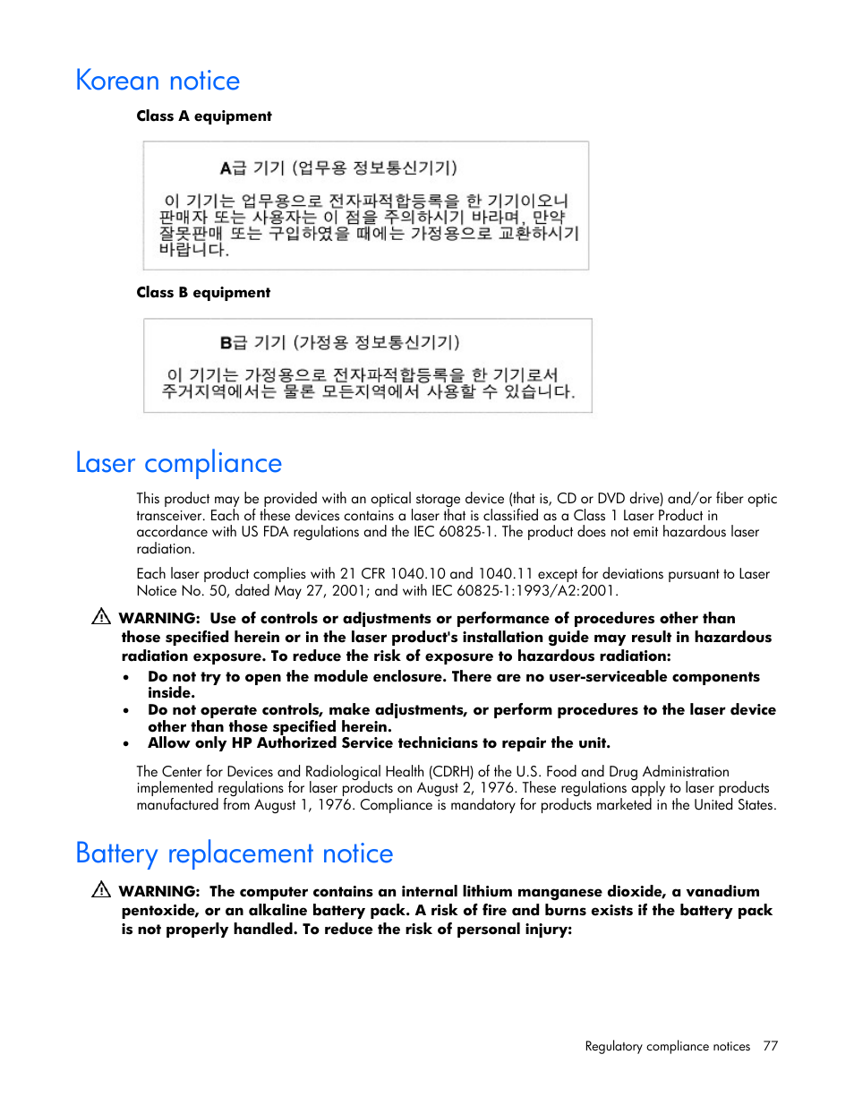 Korean notice, Laser compliance, Battery replacement notice | HP ProLiant xw460c Blade Workstation User Manual | Page 77 / 93