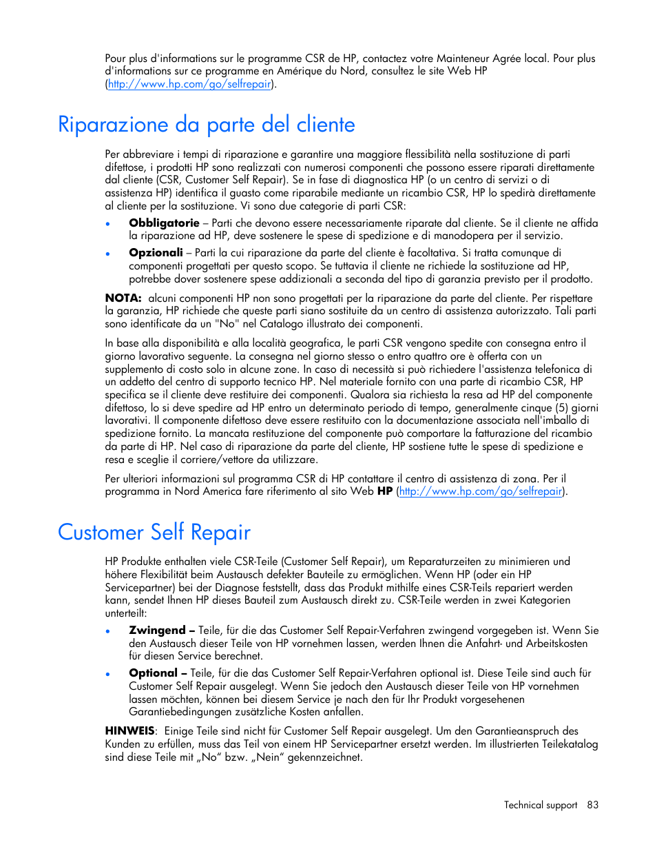 Riparazione da parte del cliente, Customer self repair | HP ProLiant xw460c Blade Workstation User Manual | Page 83 / 93